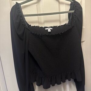 Bar III Black Blouse with Long Sleeves and Ruffled Smocked Details